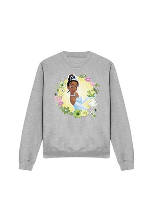 Gray sweatshirt featuring a colorful print of a character in a blue dress with a crown, surrounded by floral and frog accents.