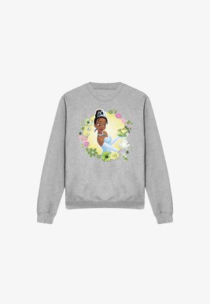 Gray sweatshirt featuring a colorful print of a character in a blue dress with a crown, surrounded by floral and frog accents.