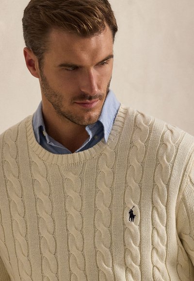 Uomo con capelli castani corti e barba che indossa un maglione crema a trecce sopra una camicia blu con bottoni, guarda verso il basso e di lato.