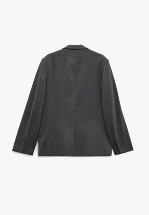 Grijze herenblazer met een gladde textuur, met notch-revers, een enkele vent achteraan en drie knopen bij de mouwen. Effen stof, getailleerde pasvorm.