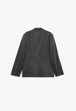 Grijze herenblazer met een gladde textuur, met notch-revers, een enkele vent achteraan en drie knopen bij de mouwen. Effen stof, getailleerde pasvorm.