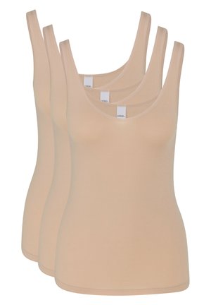 Beige Tanktops im Set von drei, mit weitem Rundhalsausschnitt und dünnen Trägern. Hergestellt aus glattem, dehnbarem Stoff mit einer figurbetonten Silhouette.