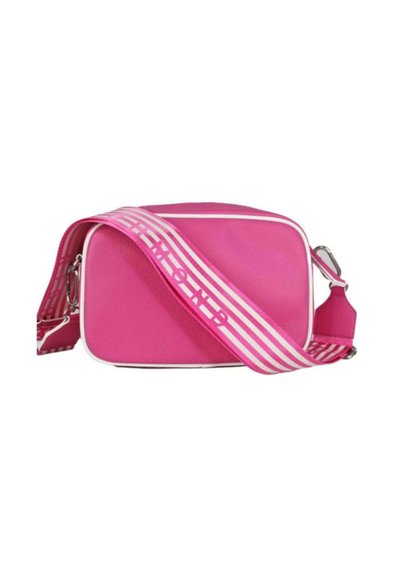 Borsa a tracolla rettangolare rosa con superficie testurizzata, bordo bianco e una tracolla regolabile a strisce con la scritta "DIAMOND."