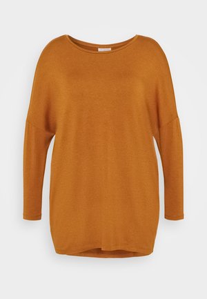 Suéter de manga larga, corte holgado, con cuello redondo en color naranja quemado, con costuras de hombro caídas y un dobladillo ligeramente redondeado.