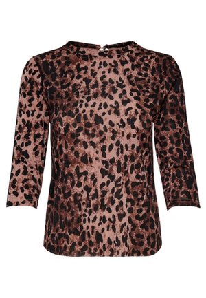 Blouse à manches longues avec un motif léopard marron et noir et une petite fermeture à bouton à l'arrière du col.