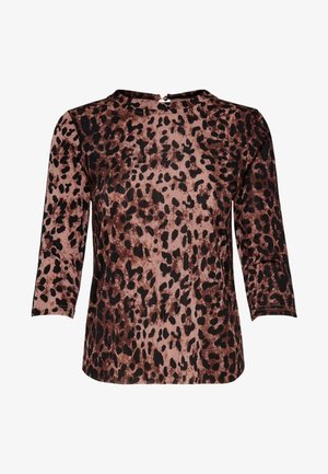 Bluzka z długim rękawem w brązowo-czarny wzór w cętki lamparta, z małym zapięciem na guzik z tyłu przy dekolcie.