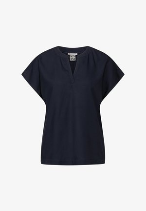 Blusa de manga corta azul marino con cuello redondo y abertura en V en la parte delantera, ajuste holgado.