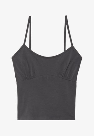 Camisola din bumbac gri cu bretele subțiri ajustabile, având un detaliu plisat la bust și un tiv drept. Textură fină.