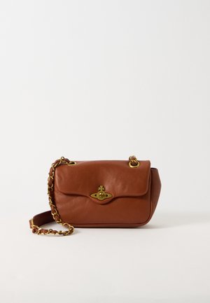 Brown leather handbag with a flap closure, gold hardware, and a chain strap. Features a smooth texture and rounded shape.