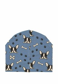 Blått tyg med tryck av franska bulldoggar, ben och tassavtryck. Mjuk textur, rundade övre kanter och symmetrisk design.