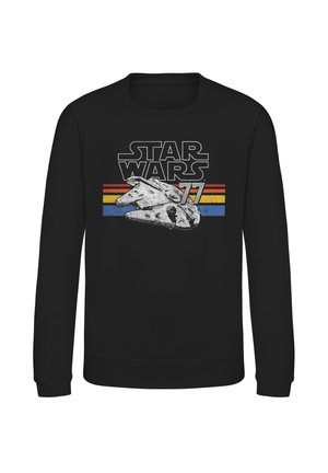 Schwarzer Hoodie mit dem Aufdruck "STAR WARS 77" in fetten Buchstaben, dazu ein Grafik des Millennium Falken und horizontalen Farbstreifen (rot, gelb, blau).