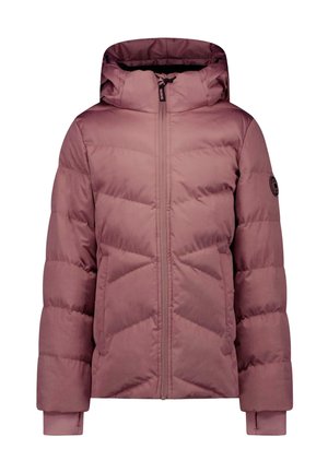 Stuifroze gewatteerde winterjas met capuchon, rits aan de voorkant, zijzakken en logopatch op de linkermouw.