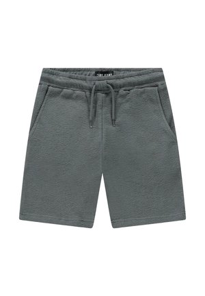 Grijze shorts gemaakt van gestructureerde stof met een elastische tailleband, een trekkoord en twee zijzakken.