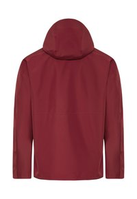 Vue de dos d'une veste à capuche unie marron foncé, à manches longues et ourlet droit.