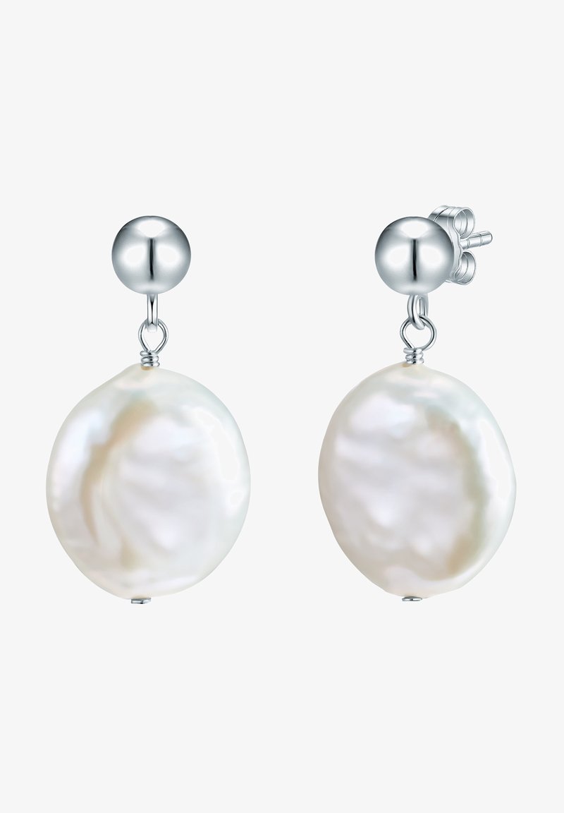 Balti gėlavandeniai perlai kabantys auskarai su sidabriniu rutuliniu užsegimu, turintys lygų paviršių ir apvalią formą. Minimalistinis dizainas, poliruotas finišas.