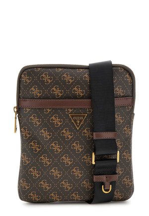 Sac messager à motifs marron avec un design élégant, featuring un logo doré, des accents marron, une fermeture éclair et une sangle noire ajustable.