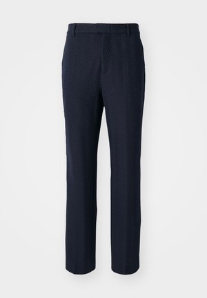 Pantaloni blu navy con motivo a spina di pesce, design a gamba dritta, passanti per cintura e finitura testurizzata.