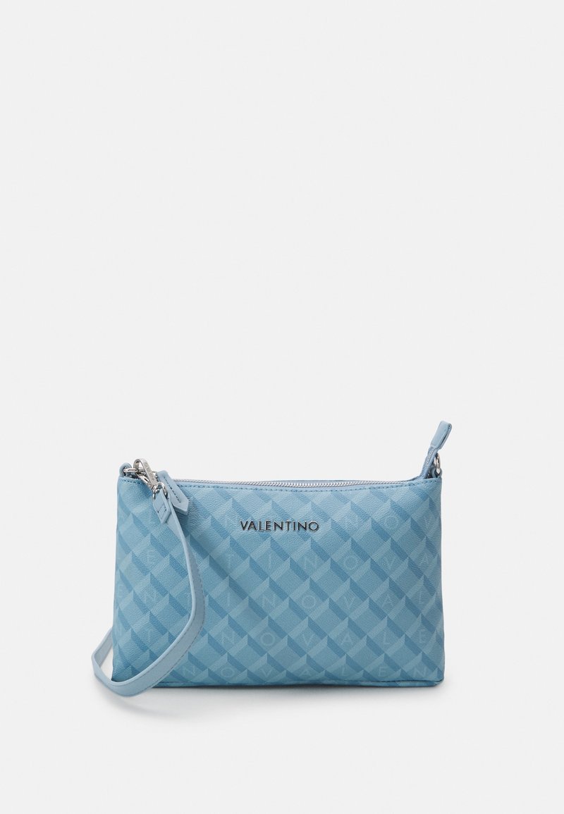 Light blue clutch bag with a diamond pattern, featuring a zip closure and a detachable strap. Logo printed on the front in black.