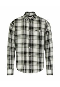 Czarna i biała koszula w kratę z długim rękawem i kołnierzykiem zapinanym na guziki, z małą naszywką z logo i białymi guzikami, wykonana z lekkiego materiału.