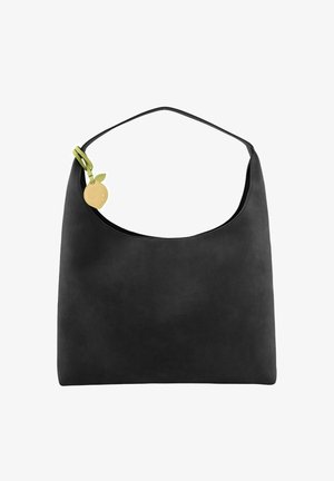 Sac à bandoulière en cuir noir avec une sangle unique et un charme jaune en forme de citron attaché près de la poignée.