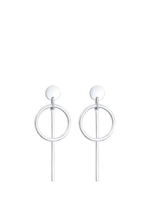 Paar silberne Tropfenohrringe mit kleinem rundem Stecker, einem kreisförmigen Reifen und einer geraden vertikalen Stange, die unter dem Reifen hängt.