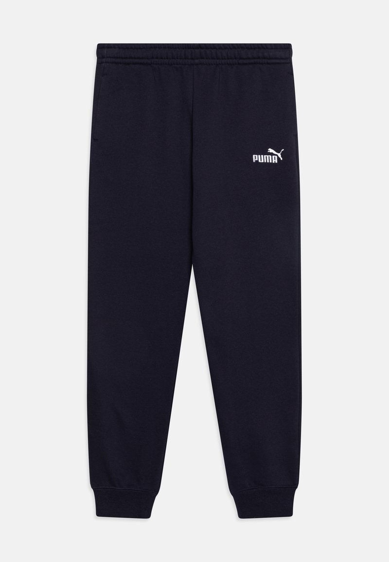Marineblå joggebukser med elastisk linning, mansjetter ved anklene, og en hvit Puma-logo på øvre venstre side. Myk tekstur.