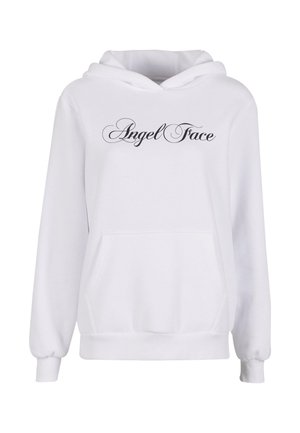 Hanorac alb din material moale, cu un buzunar frontal tip kangaroo și inscripția "Angel Face" imprimată cu un font cursiv negru pe piept.