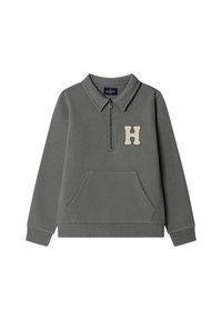 Sudadera gris con cremallera en el cuello, bolsillo frontal y logo "H" bordado. Tejido suave, detalles de puños y dobladillo acanalados.