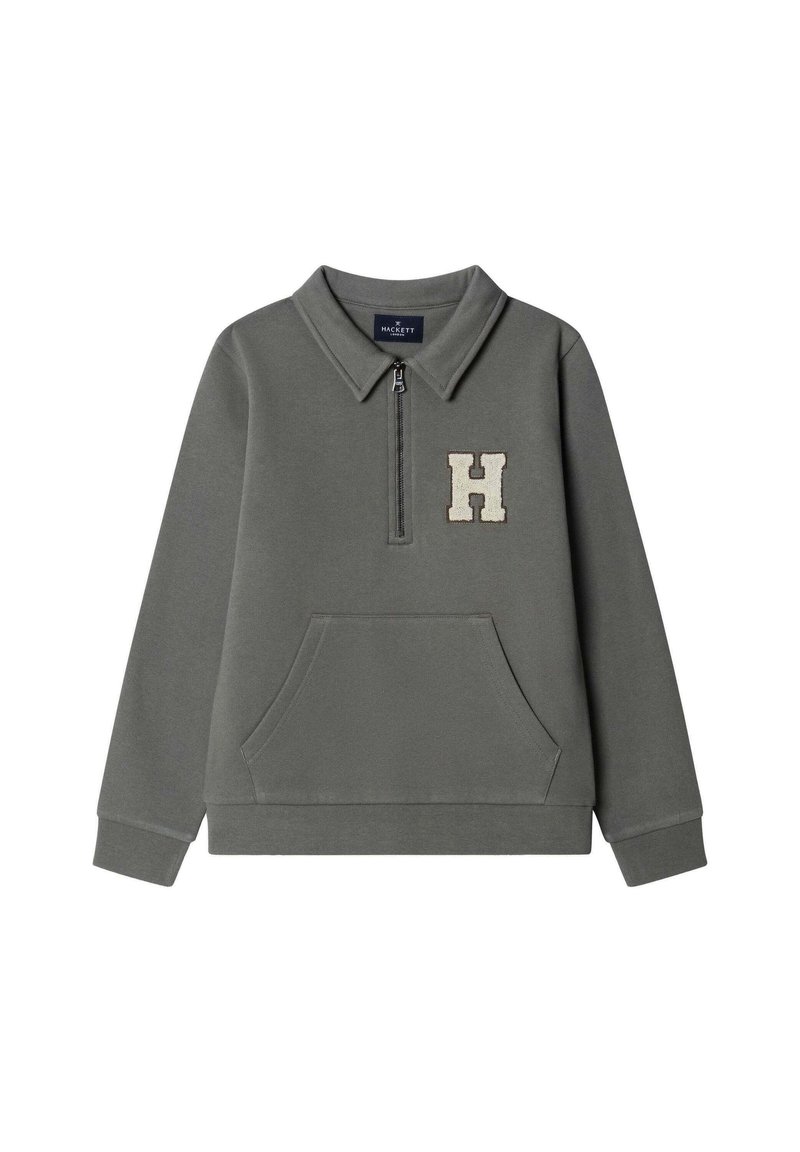 Sudadera gris con cremallera en el cuello, bolsillo frontal y logo "H" bordado. Tejido suave, detalles de puños y dobladillo acanalados.