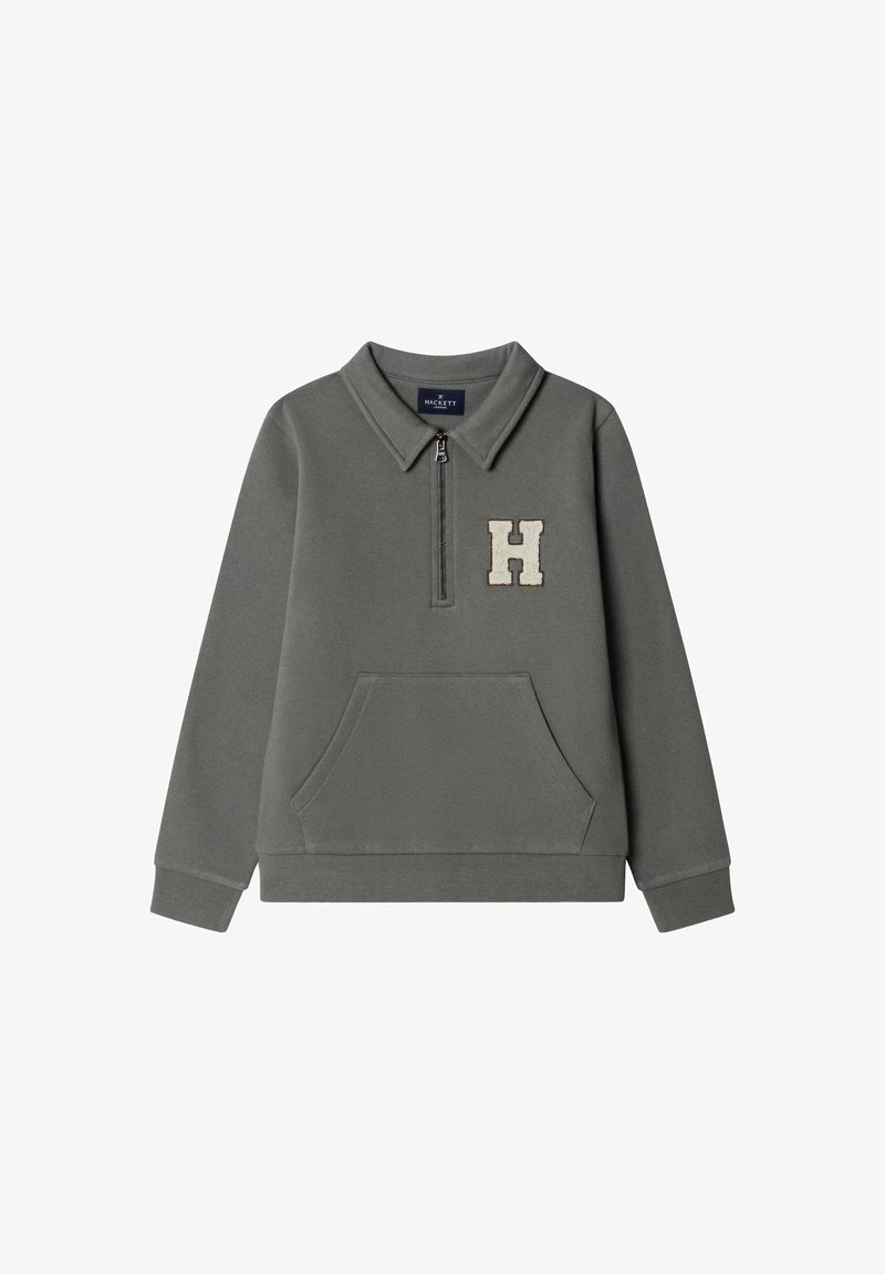 Sudadera gris con cremallera en el cuello, bolsillo frontal y logo "H" bordado. Tejido suave, detalles de puños y dobladillo acanalados.