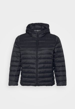 Czarna kurtka puchowa z kapturem, z zapięciem na zamek błyskawiczny, pikowanym wzorem i elastycznymi mankietami. Wykonana z lekkiego, gładkiego materiału.