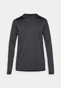 Long-sleeve sports hoodie in dark gray fabric, featuring a minimalist design, soft texture, and a small logo on the chest.