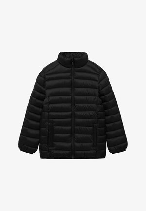 Schwarze gepolsterte Jacke mit hohem Kragen, durchgehendem Reißverschluss vorne und zwei Seitentaschen. Sie zeichnet sich durch ein gestepptes Design und ein weiches, leichtes Material aus.