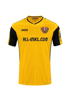 Gelbes und schwarzes Fußballtrikot mit Dresden Vereinsabzeichen, Jako- und Adidas-Logos und Sponsortext von all-inkl.com auf der Vorderseite.
