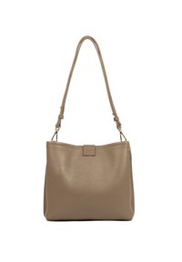 Borsa a tracolla in pelle taupe con una singola tracolla regolabile, hardware in tonalità oro e chiusura a pattina magnetica.