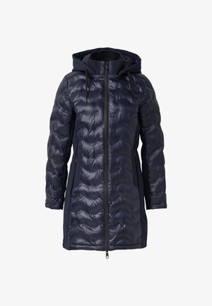 Piumino blu navy con zip frontale e cappuccio. Design trapuntato, texture liscia e tasche laterali con zip. Cuciture rinforzate lungo le cuciture.