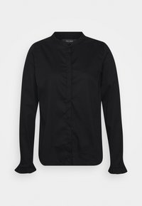 Camicia nera a maniche lunghe con colletto alla coreana, bottoni frontali e polsini arricciati. Tessuto liscio e design aderente.
