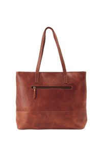 Bruine leren totebag met twee schouderbanden, voorzien van een ritssluiting aan de voorkant en een gestructureerde afwerking. Rechthoekige vorm, minimalistisch ontwerp.