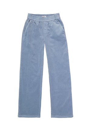 Helle blaue Cordhosen mit elastischem Bund und seitlichen Taschen, lässige gerade Passform, flach auf einem weißen Hintergrund ausgelegt.