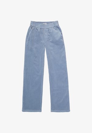 Helle blaue Cordhosen mit elastischem Bund und seitlichen Taschen, lässige gerade Passform, flach auf einem weißen Hintergrund ausgelegt.