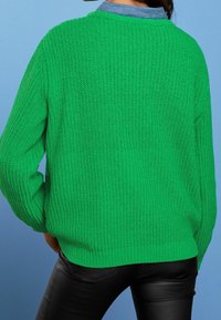 Persoon die een felgroene gebreide trui draagt over een blauw overhemd met kraag en zwarte leren broek, staand tegen een effen blauwe achtergrond.