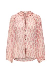 Blouse à manches longues en tissu rose clair avec un motif cachemire en rose foncé. Encolure à volants, fermeture par boutons, et coupe ample.