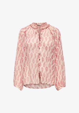 Bluzka z długim rękawem z jasnoróżowego materiału z motywem paisley w ciemniejszym odcieniu różu. Dekolt z falbanką, zapięcie na guziki i luźny krój.