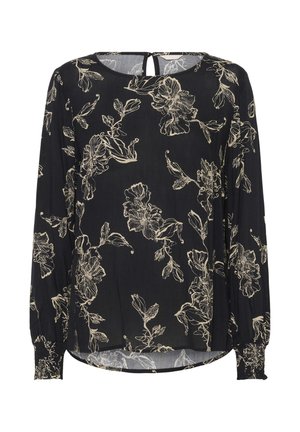 Black blouse with long sleeves, featuring a floral pattern in cream. Soft, lightweight fabric and a rounded neckline with a back keyhole detail.