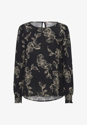 Black blouse with long sleeves, featuring a floral pattern in cream. Soft, lightweight fabric and a rounded neckline with a back keyhole detail.