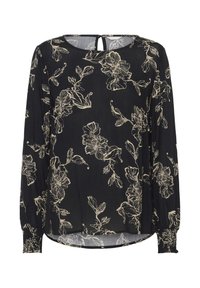Fekete blúz hosszú ujjakkal, krémszínű virágmintával. Puha, könnyű anyag és kerek nyakú, hátul kulcslyuk részlettel.