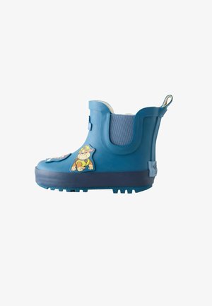 Stivale da pioggia blu per bambino con decorazione di cane in stile cartone animato e pannello laterale elastico, progettato per un facile indossamento e suola antiscivolo.