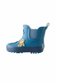 Stivale alla caviglia in gomma blu con superiore testurizzato, dotato di una patch di un personaggio dei cartoni animati. Suola spessa blu con battistrada per aderenza.