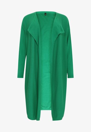 Long, open-front cardigan in solid green fabric, featuring three-quarter sleeves and a draped collar for relaxed fit and stylish layering.