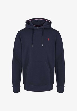 Laivansinis huppari, joka on valmistettu puuvillasekoitteesta. Tässä hupparissa on etutasku, nauhakuomu ja pieni punainen brodeerattu logo rinnassa.